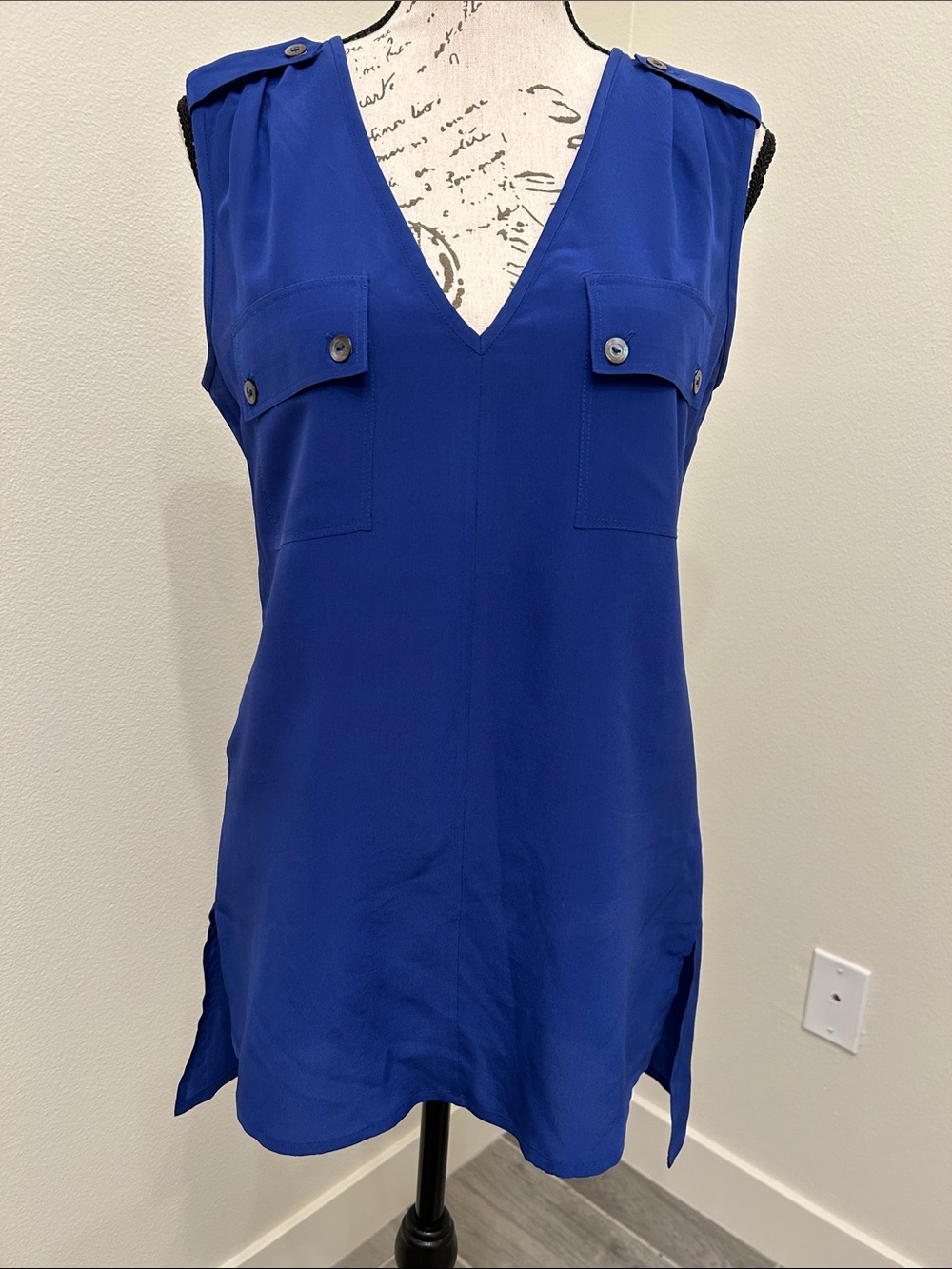 Trina Turk 100% Silk Sleeveless V-Neck Tunic in Cobalt Blue